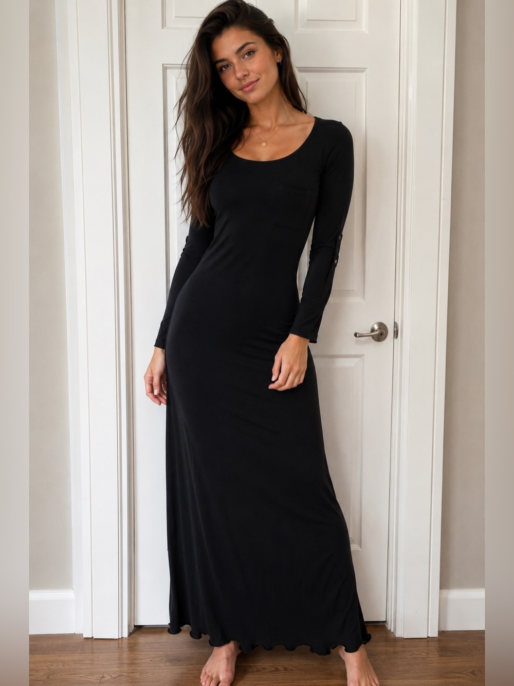 just ginger Black Long Sleeve Maxi Dress with Chest Pocket Detail